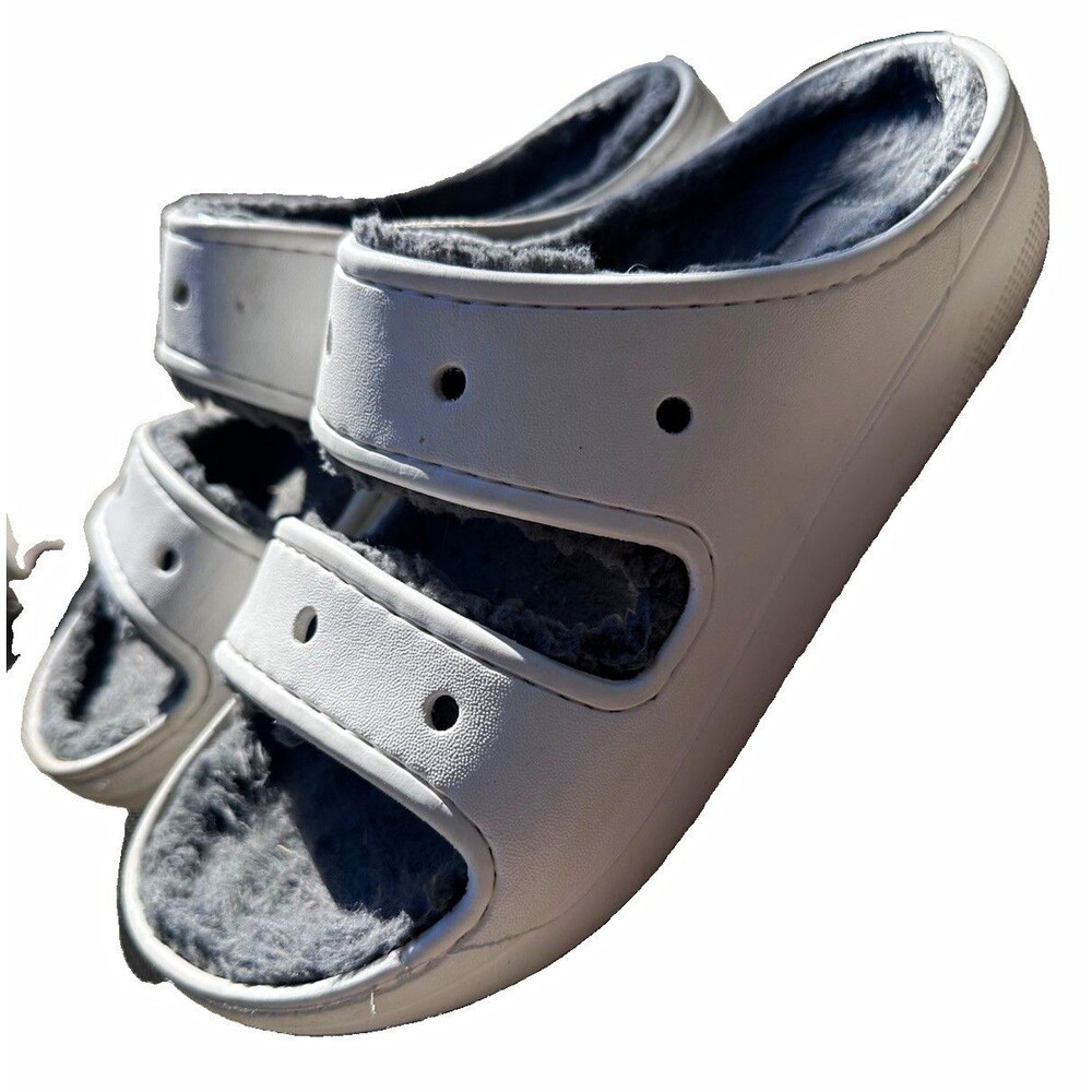 Crocs Classic Lined Sandals White Gray Faux Fur Slip On Women’s 8